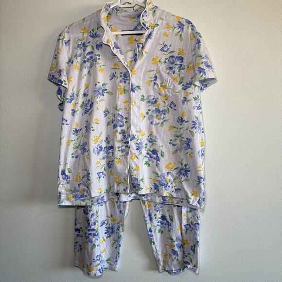 Lauren Ralph Lauren Pajama Set XL Floral Blue Cropped Logo Pocket Black Label - Picture 1 of 6